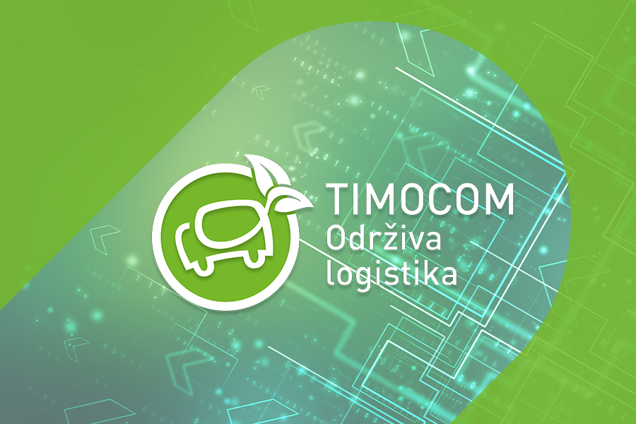 Logo Green-we-can  TIMOCOM-a pokazuje zeleni kamion iz kojeg umesto auspuha izlazi list.