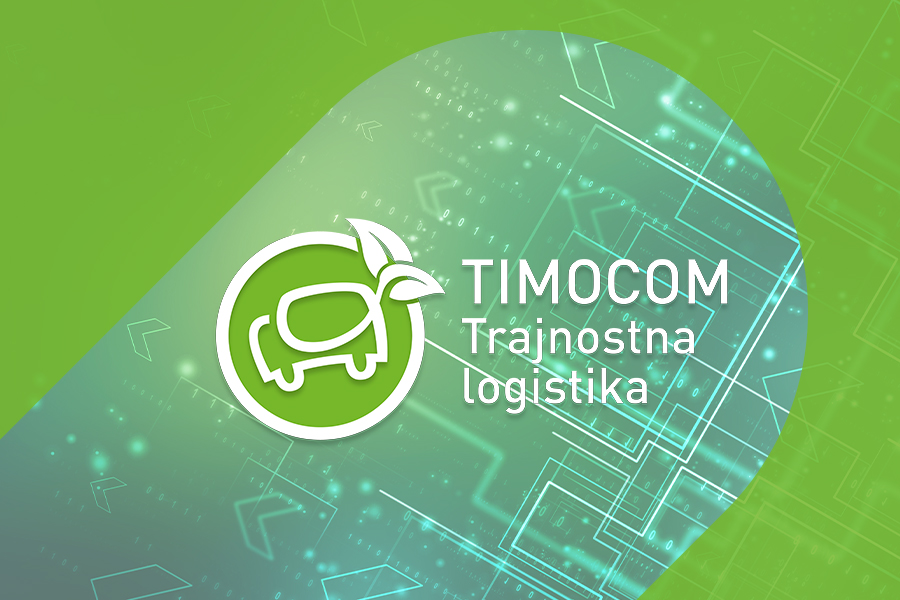 Logotip podjetja TIMOCOM Green-we-can kaže zelen tovornjak z listom namesto izpušne cevi.