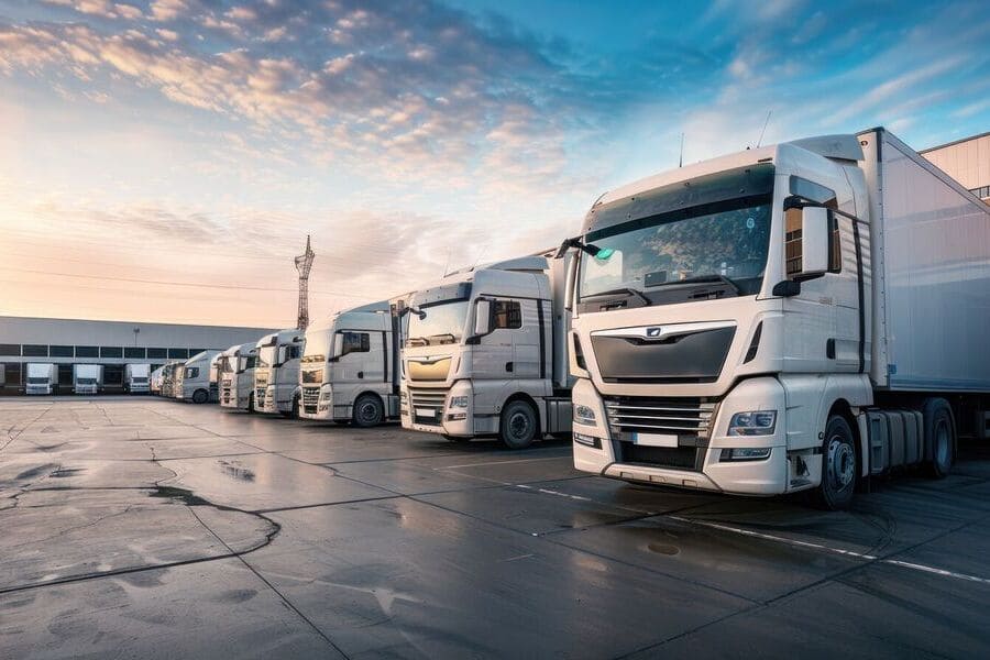 None-Stock-Close up fleet of trucks parked in front of warehouse to delivering factory goods. AI generated (1)