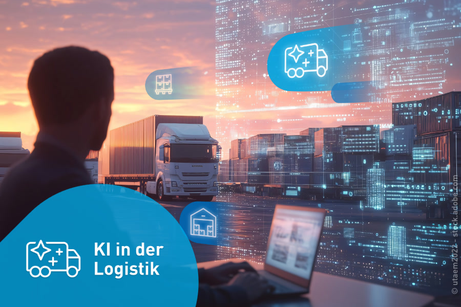 Geschäftsmann am Laptop, im Hintergrund Lkw und Container bei Sonnenuntergang. Digitale Logistikdaten werden angezeigt.